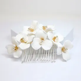 Ceramic White Flowers Freshwater Pearl Gold Hair comb And Hair Pins Set, Bridal Hair piece, Bridal Hair Accessories, Wedding Hair Accessory.