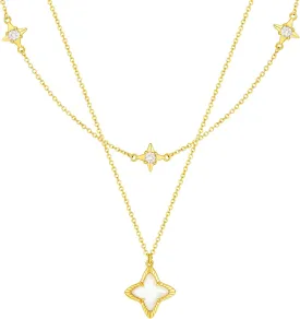 Cicy Bell Womens Four Point Star Necklace Sets Double Layer Chain 18k Gold Plated Cubic Zirconia Mother of Pearl Lucky Pendant Necklace