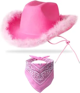 Cowboy Hat with Bandana - Feather Boa Cowgirl Hat for Women & Men,Bachelorette Party Halloween Dress-Up