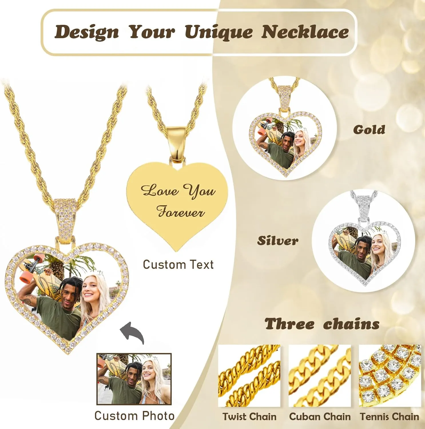 Custom Picture Necklace Personalized - Customized Photo Pendant Necklaces, Hip Hop Chain with Pictures Personalized Gift for Dad Men Women
