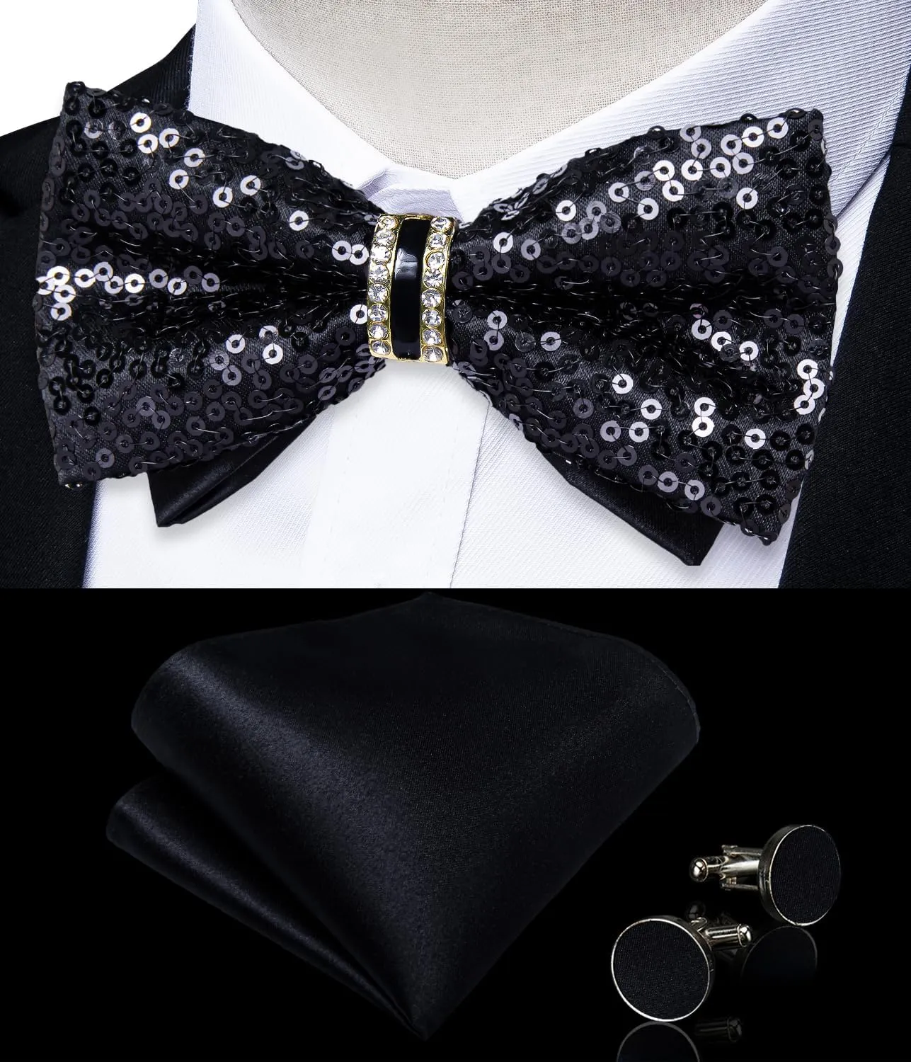 DiBanGu Sequin Bowtie for Men Solid Adjustable Pre-tied Bow Tie & Pocket Square Cufflinks Set for Party Wedding Shiny Bowtie