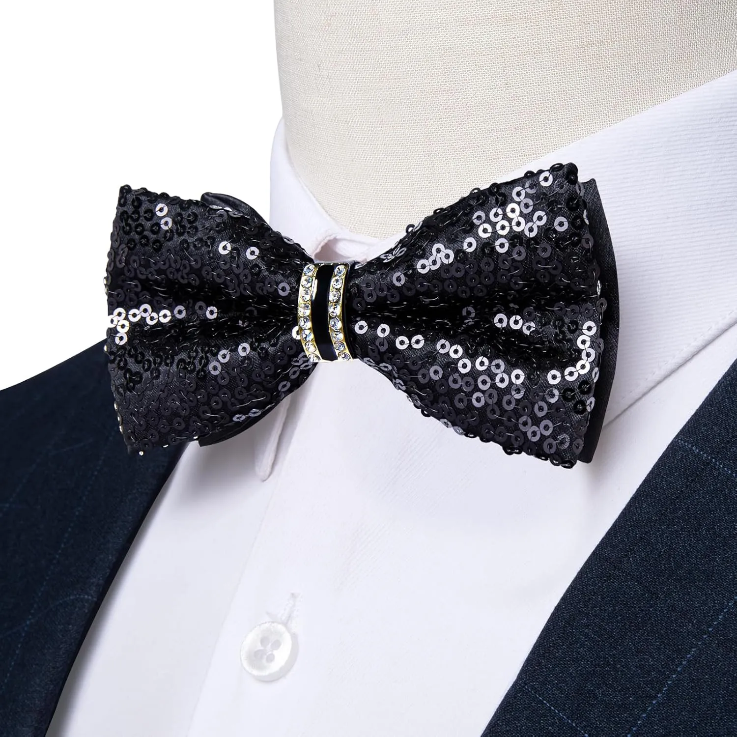 DiBanGu Sequin Bowtie for Men Solid Adjustable Pre-tied Bow Tie & Pocket Square Cufflinks Set for Party Wedding Shiny Bowtie