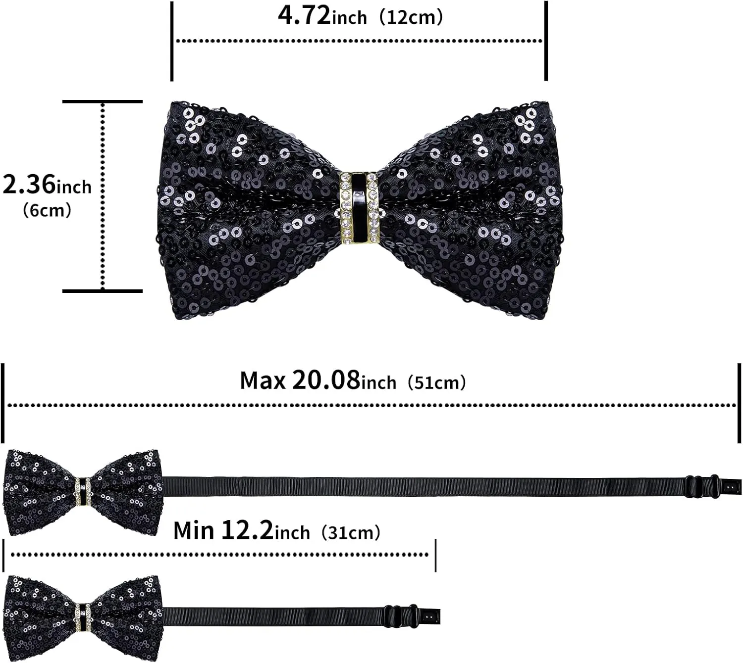 DiBanGu Sequin Bowtie for Men Solid Adjustable Pre-tied Bow Tie & Pocket Square Cufflinks Set for Party Wedding Shiny Bowtie