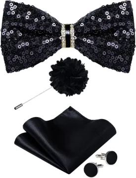 DiBanGu Sequin Bowtie for Men Solid Adjustable Pre-tied Bow Tie & Pocket Square Cufflinks Set for Party Wedding Shiny Bowtie