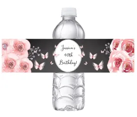 Dusty Rose and Pink Gray Black White Butterflies Flowers Floral Party Favors Birthday Water Bottle Labels Wrappers Supplies Personalized