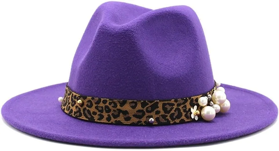 Fashion Leopard Texture Pearl Wool Hat Men and Women Jazz Hat Autumn and Winter Versatile Felt Hat Flat Brim Hat with Leopard Belt Fengyan Cowboy Hats (Color : Purple, Size : 59-61cm)