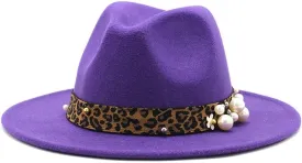 Fashion Leopard Texture Pearl Wool Hat Men and Women Jazz Hat Autumn and Winter Versatile Felt Hat Flat Brim Hat with Leopard Belt Fengyan Cowboy Hats (Color : Purple, Size : 59-61cm)