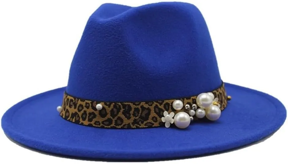 Fashion Leopard Texture Pearl Wool Hat Men and Women Jazz Hat Autumn and Winter Versatile Felt Hat Flat Brim Hat with Leopard Belt Fengyan Cowboy Hats (Color : Royal Blue, Size : 56-58cm)