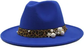 Fashion Leopard Texture Pearl Wool Hat Men and Women Jazz Hat Autumn and Winter Versatile Felt Hat Flat Brim Hat with Leopard Belt Fengyan Cowboy Hats (Color : Royal Blue, Size : 56-58cm)