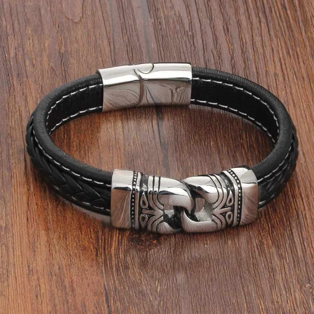 Genuine Leather Bracelets for Men - Leather Bracelet for Men - Stainless Steel Bracelet and Bangle