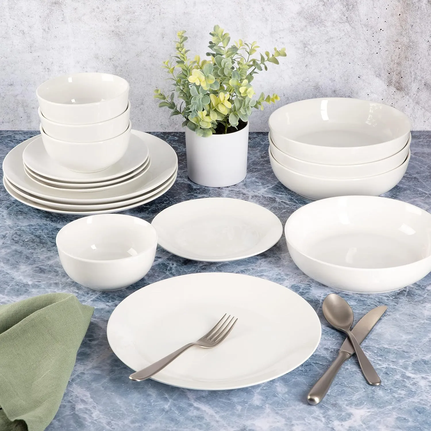Gibson Home Gracious Dining Double Bowl Porcelain Chip and Scratch Resistant Dinnerware Set, Service for 4 (16pcs), White (Coupe)