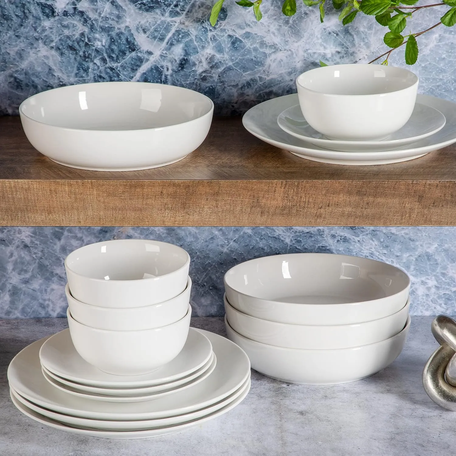 Gibson Home Gracious Dining Double Bowl Porcelain Chip and Scratch Resistant Dinnerware Set, Service for 4 (16pcs), White (Coupe)