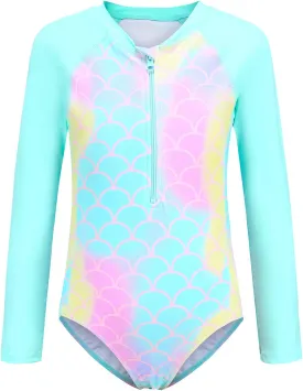 Girls Rash Guard Long Sleeve One Piece Swimsuits Stripes Zipper Bathing Suits UPF 50 /Sun Protection