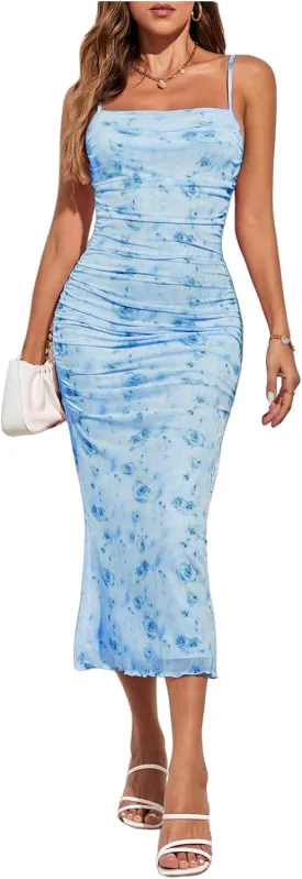 GORGLITTER Women's Floral Ruched Bodycon Midi Dress Mesh Sleeveless Fishtail Cami Dresses