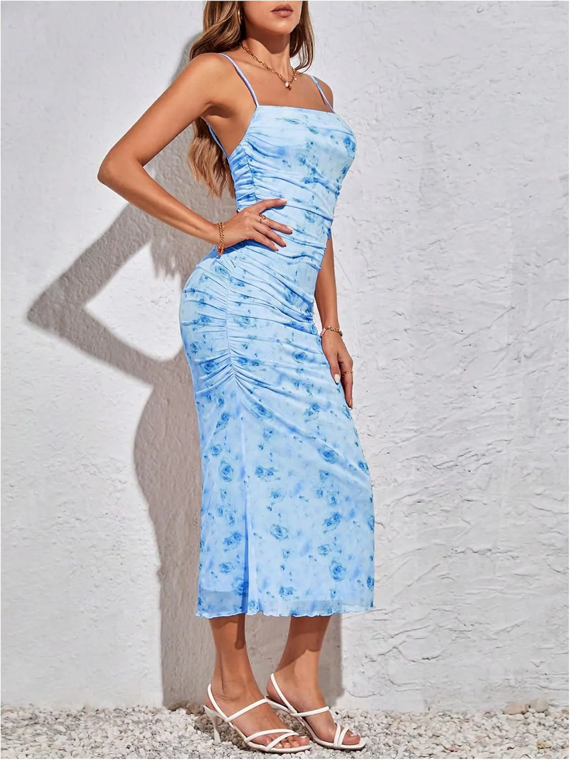 GORGLITTER Women's Floral Ruched Bodycon Midi Dress Mesh Sleeveless Fishtail Cami Dresses