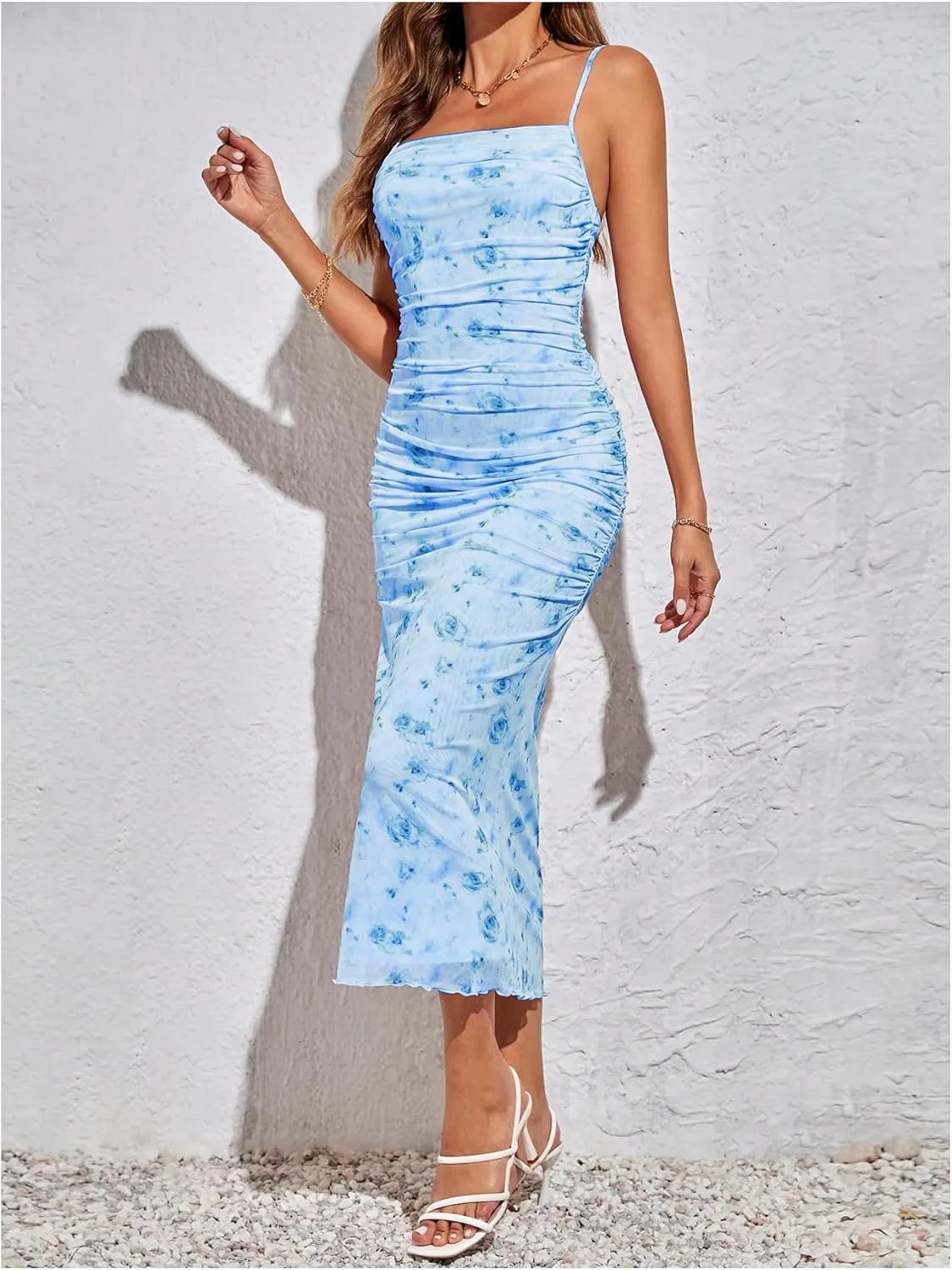 GORGLITTER Women's Floral Ruched Bodycon Midi Dress Mesh Sleeveless Fishtail Cami Dresses