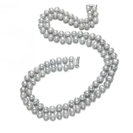 Handcrafted Two-row Natural Grey Freshwater Pearl Necklace, AA 7mm Pearl Necklace for Women