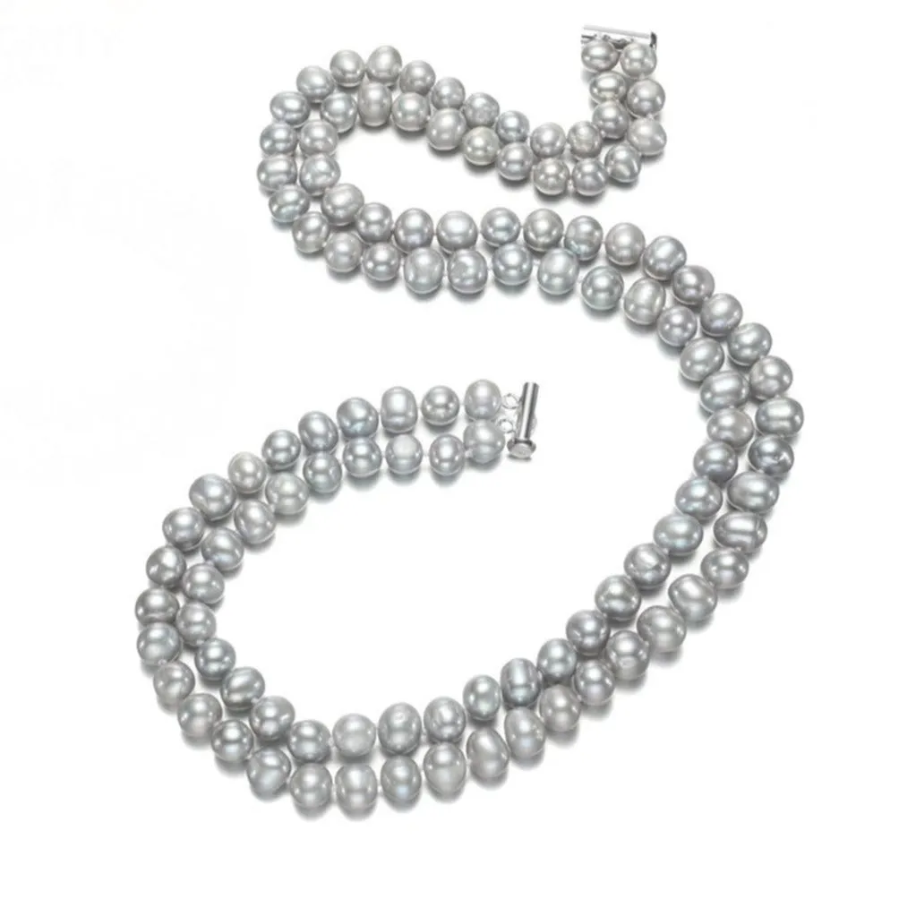 Handcrafted Two-row Natural Grey Freshwater Pearl Necklace, AA 7mm Pearl Necklace for Women