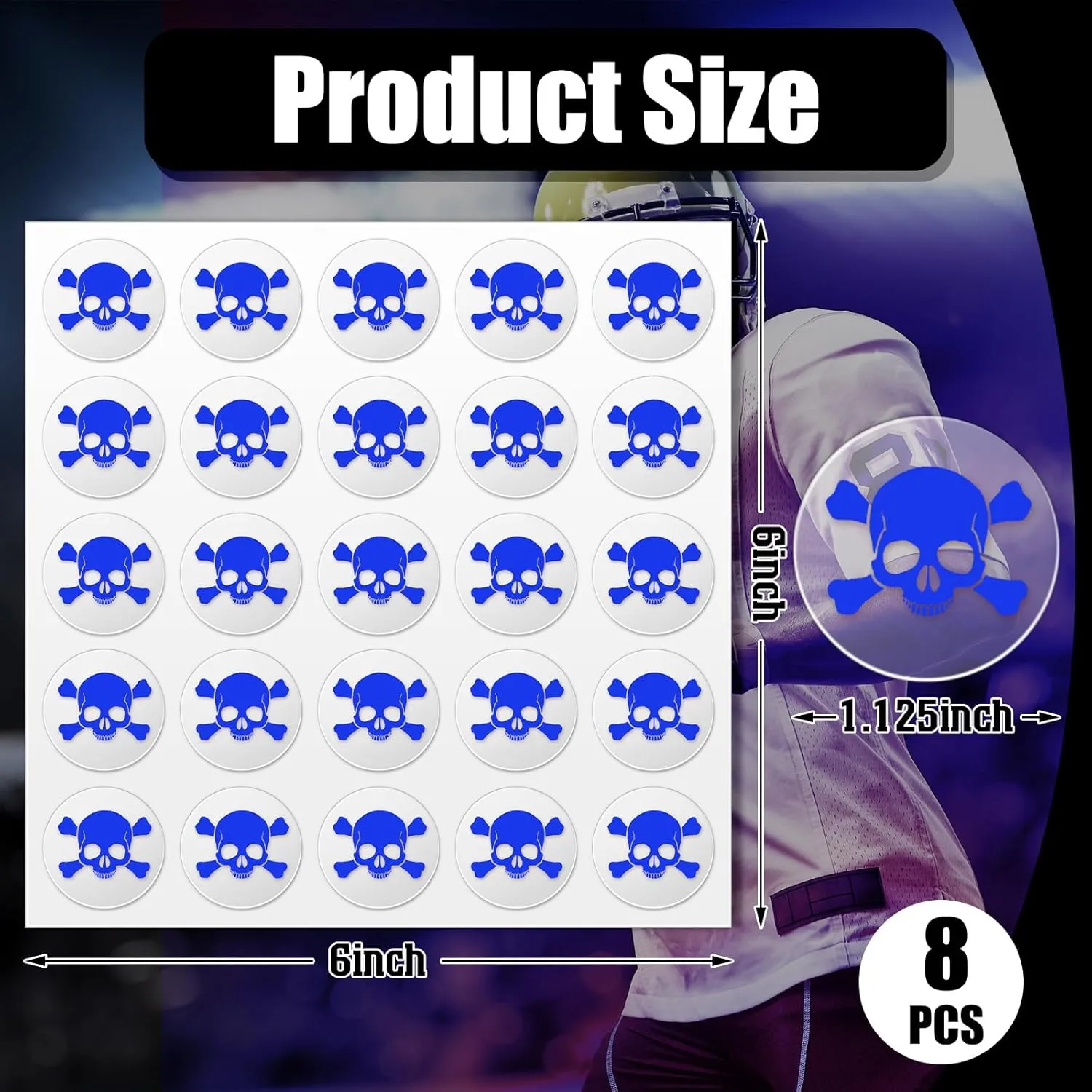 Leinuosen Skull Helmet Award Decals Youth Football Baseball Helmet Stickers 1-1/8'' Vinyl Stickers Self Adhesive Hockey Lacrosse(Clear Print Blue,8 Sheets)