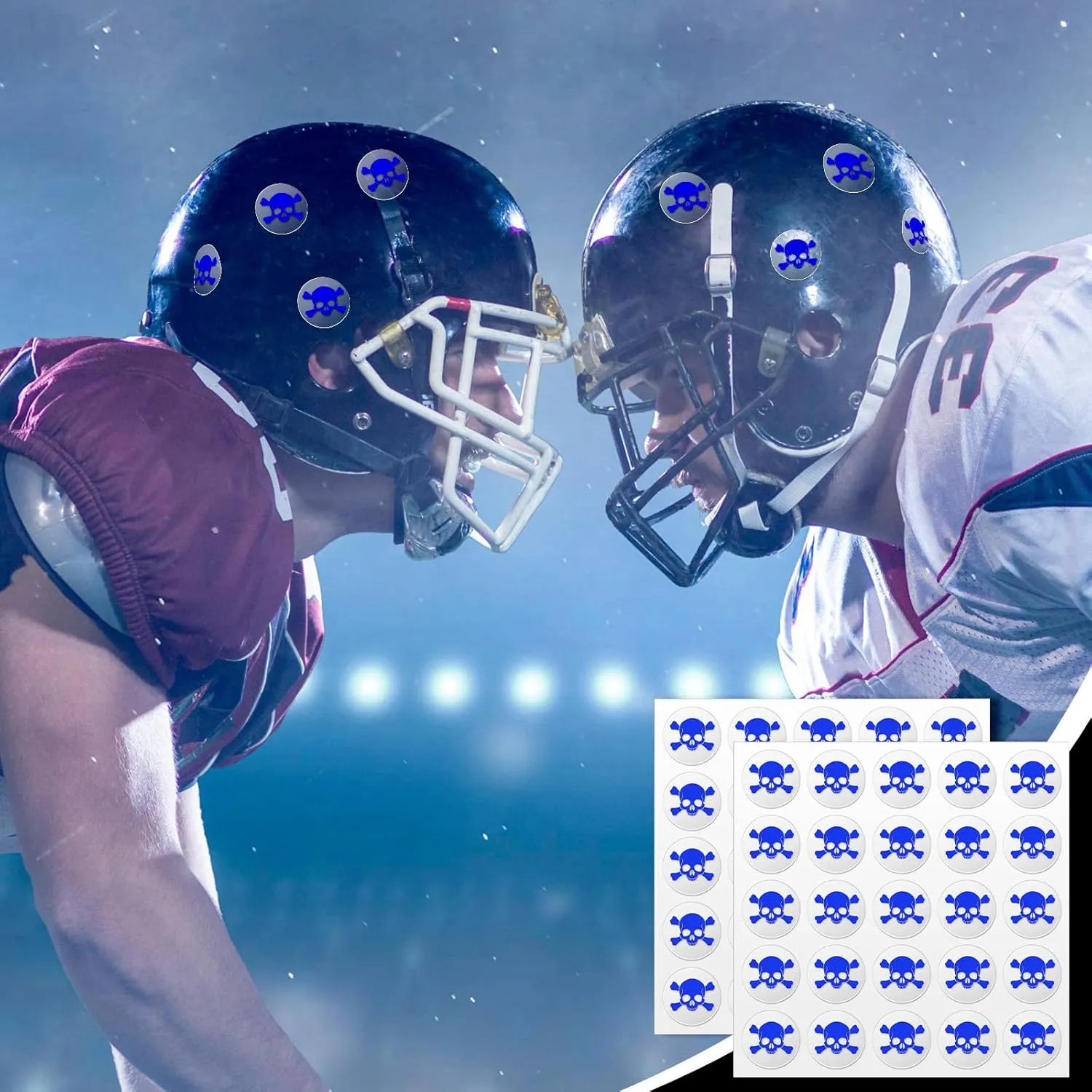 Leinuosen Skull Helmet Award Decals Youth Football Baseball Helmet Stickers 1-1/8'' Vinyl Stickers Self Adhesive Hockey Lacrosse(Clear Print Blue,8 Sheets)