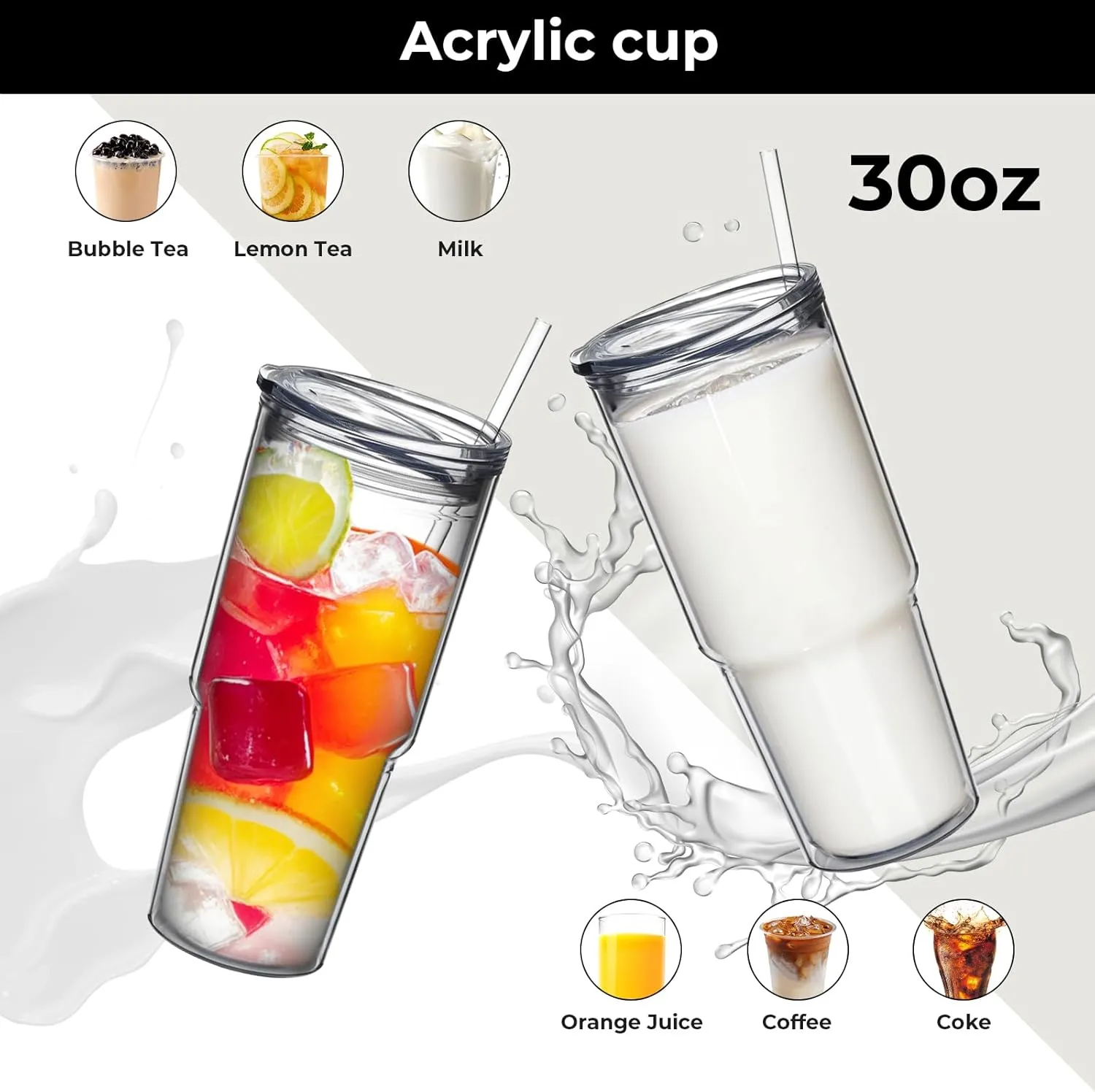 MEWAY 30oz/4 pcs Classic Insulated Tumblers,Double Wall Acrylic Tumbler with LidReusable Plastic Insulated Tumblers with Strawfor cold drinks, sand ice, whatever you like(transparent,4 pack)