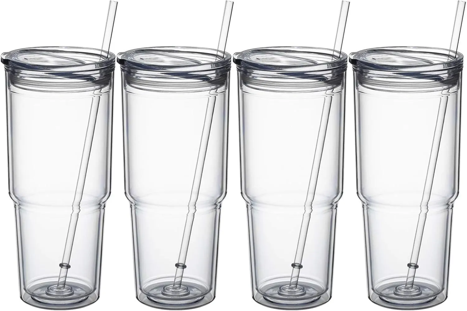 MEWAY 30oz/4 pcs Classic Insulated Tumblers,Double Wall Acrylic Tumbler with LidReusable Plastic Insulated Tumblers with Strawfor cold drinks, sand ice, whatever you like(transparent,4 pack)