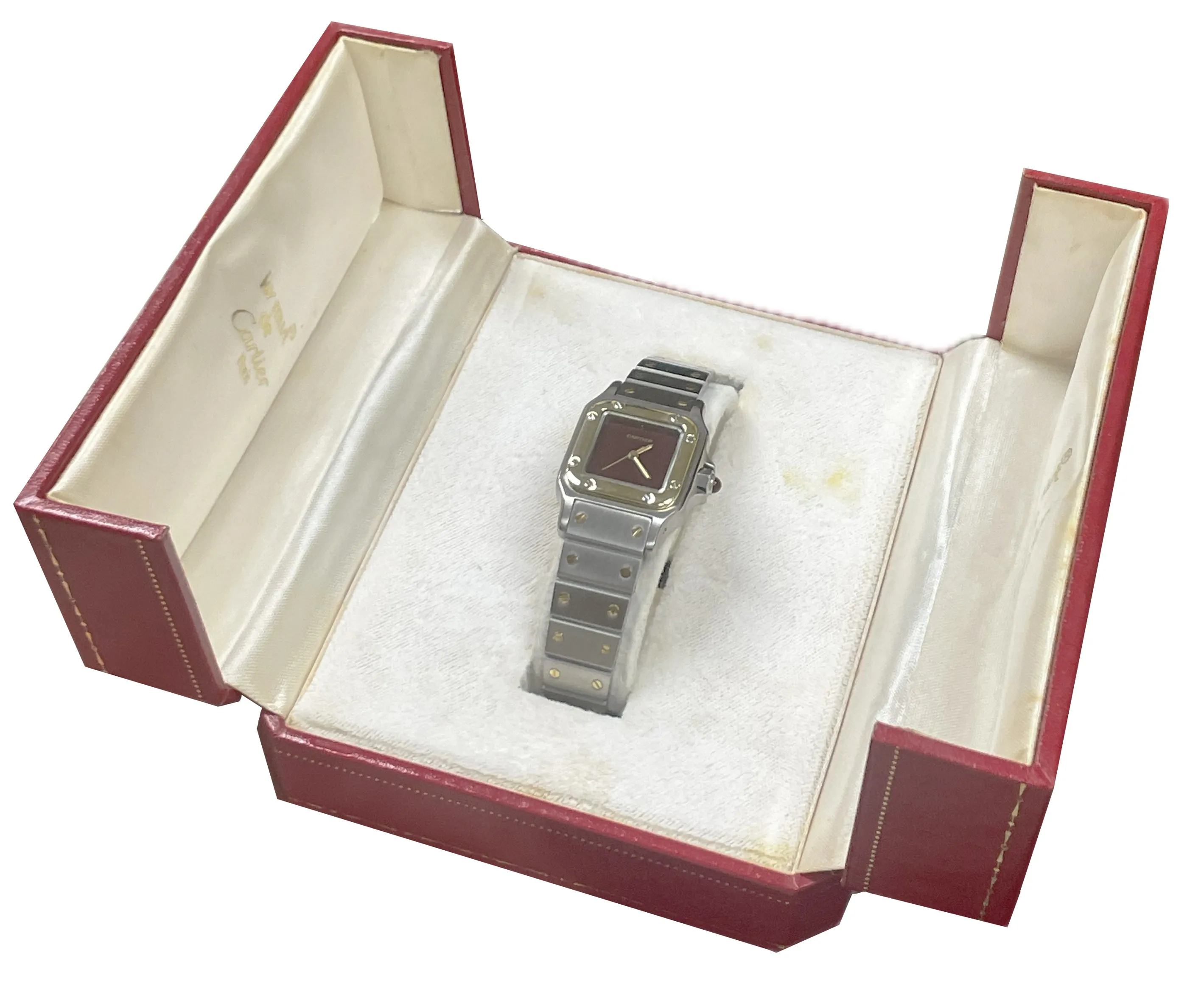 MINT Ladies Cartier Santos Automatique BURGUNDY RED 18K Two-Tone 24mm 0902 BOX