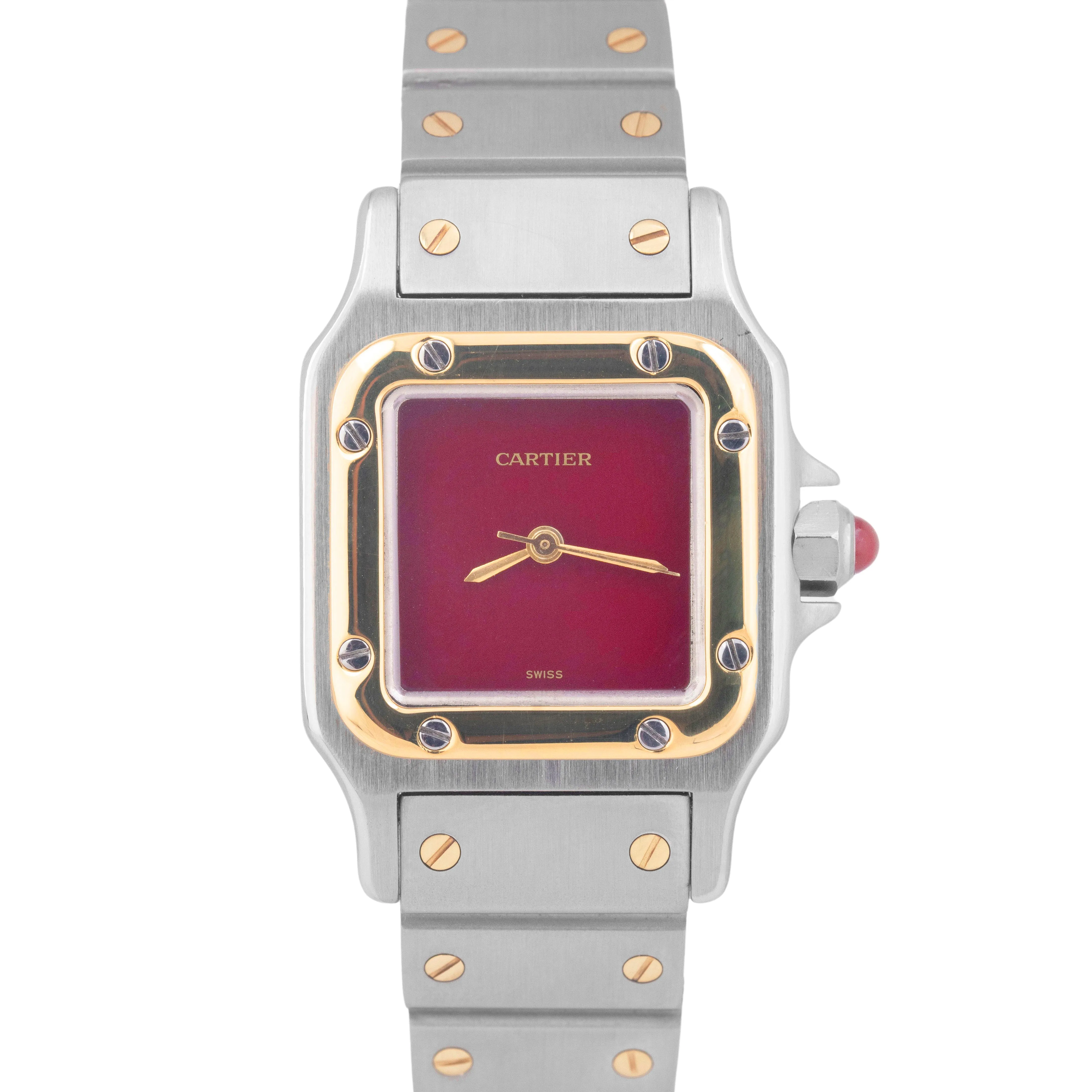 MINT Ladies Cartier Santos Automatique BURGUNDY RED 18K Two-Tone 24mm 0902 BOX