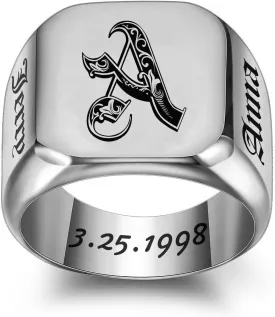 MOTICIUS Personalized Signet Rings for Men Women Engraved Ring Custom Initial Ring Mens Ring Customized Memorial Gifts for Father Husband Boyfriend Teacher