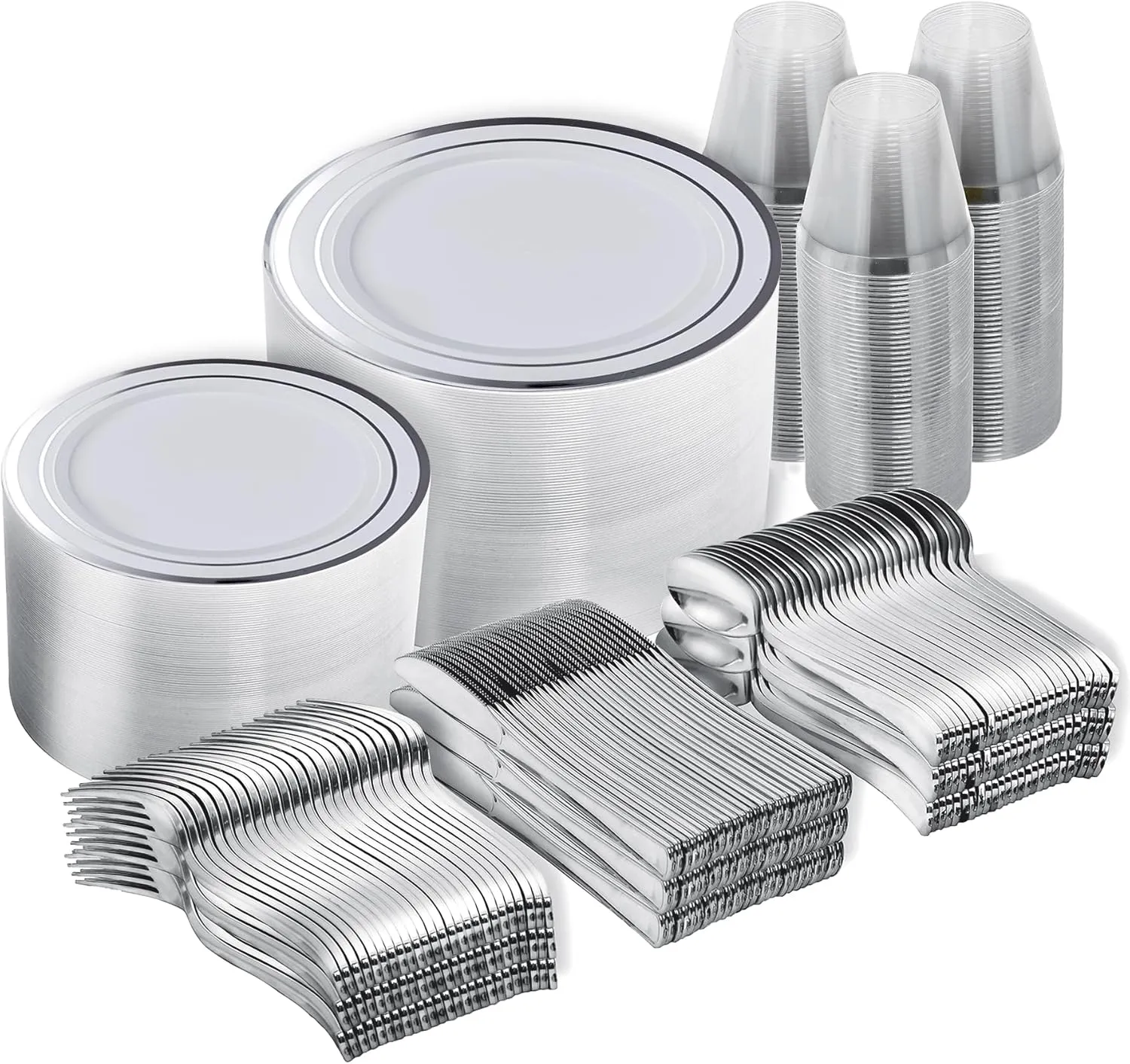 N9R 600PCS Silver Disposable Plastic Plates, Heavy Duty Plastic Dinnerware Set Includes 100 Dinner & Dessert Plates, Cups, Spoons, Forks, Knives for 100 Guests, Perfect for Party, Wedding, Birthday