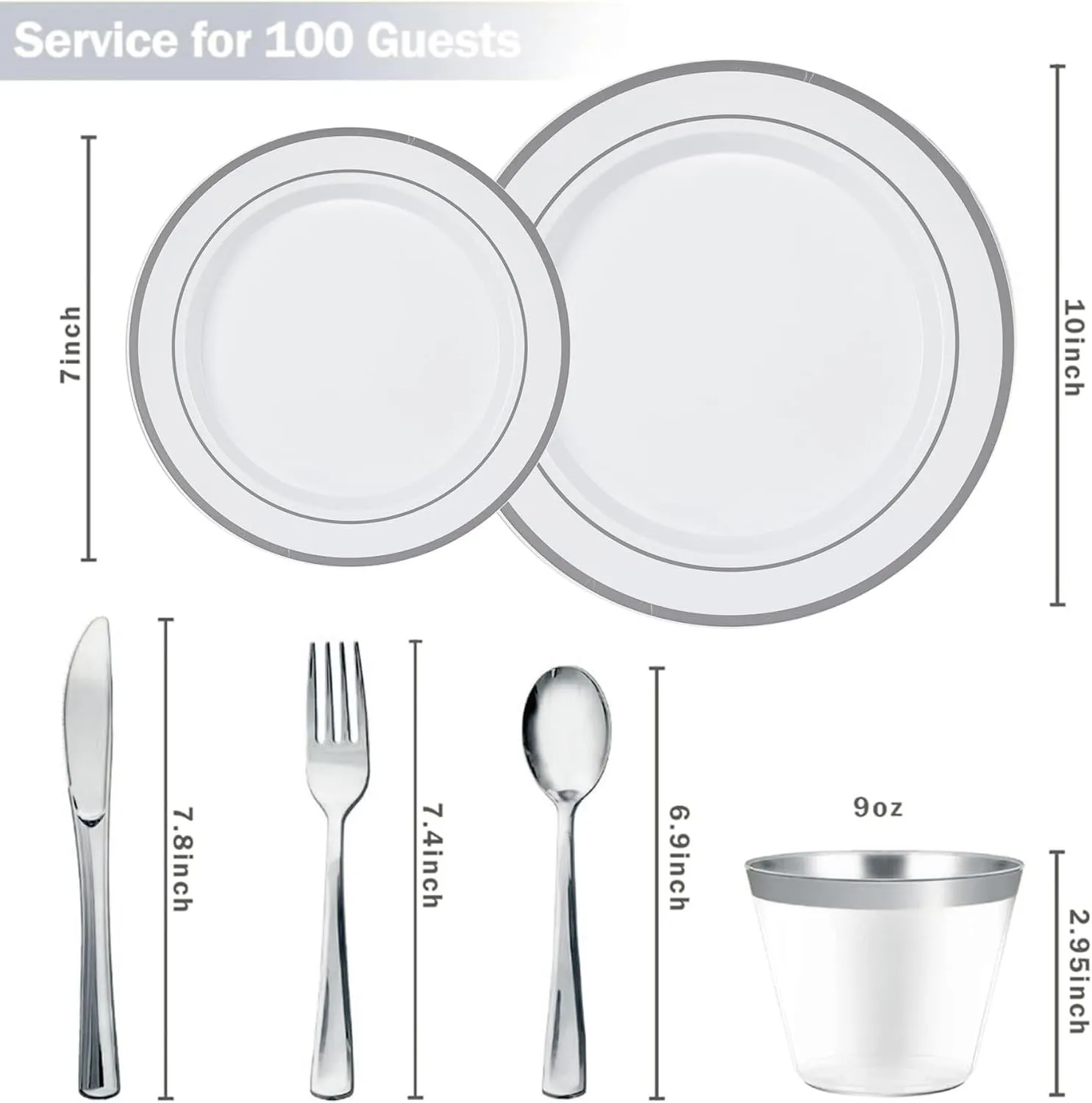 N9R 600PCS Silver Disposable Plastic Plates, Heavy Duty Plastic Dinnerware Set Includes 100 Dinner & Dessert Plates, Cups, Spoons, Forks, Knives for 100 Guests, Perfect for Party, Wedding, Birthday