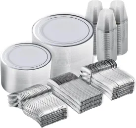 N9R 600PCS Silver Disposable Plastic Plates, Heavy Duty Plastic Dinnerware Set Includes 100 Dinner & Dessert Plates, Cups, Spoons, Forks, Knives for 100 Guests, Perfect for Party, Wedding, Birthday