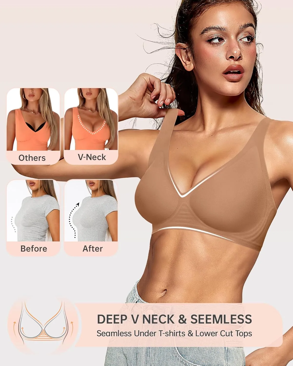 OEAK Womens Deep V Bras Wireless Comfortable Bra Supportive No Underwire Bras Tshirt Push Up Bralettes Plunge Seamless Bra