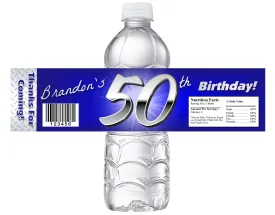 Party Favors Blue & Silver (50) Fifty Fiftieth Birthday Chrome  Water Bottle Labels Wrappers Supplies Personalized
