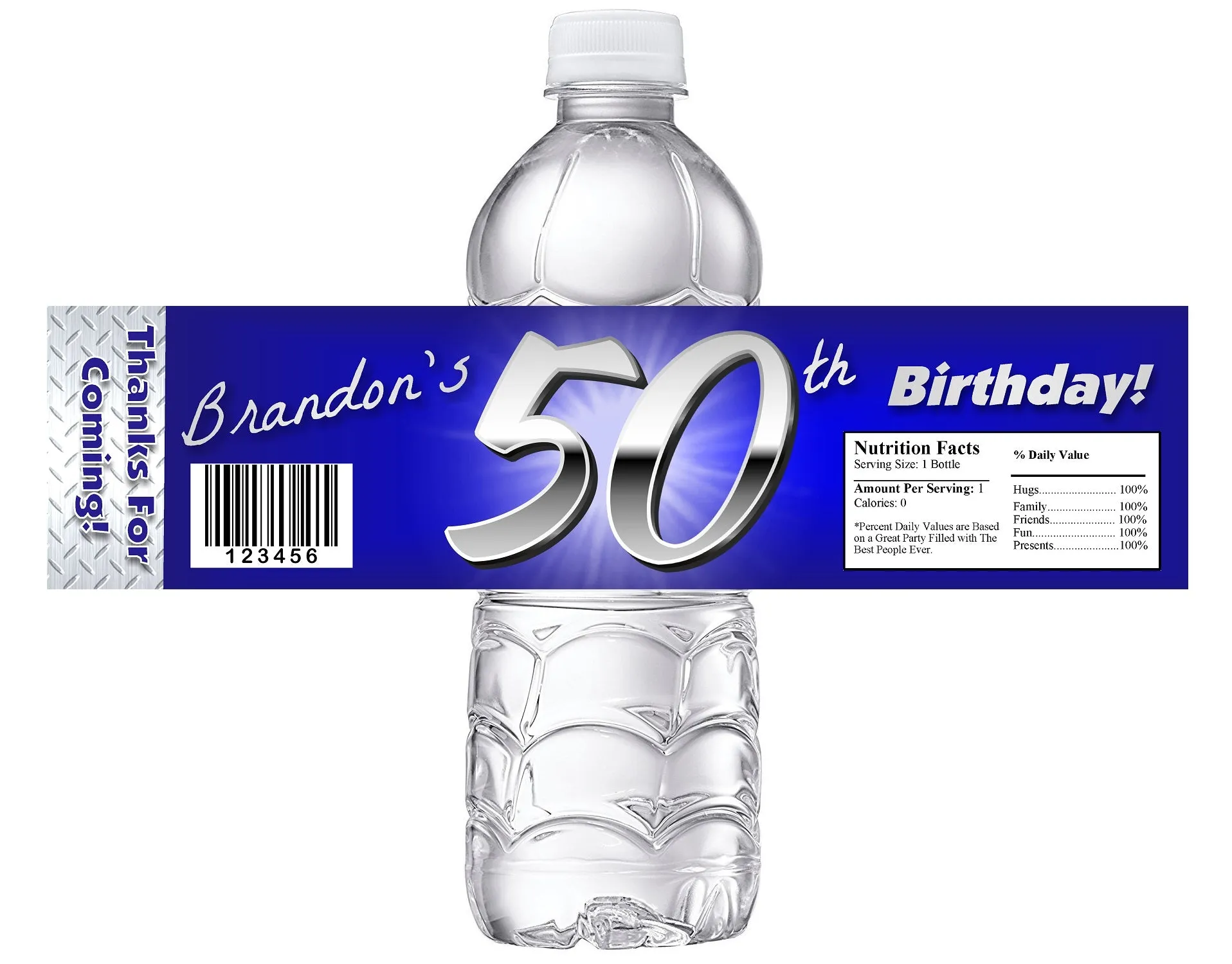 Party Favors Blue & Silver (50) Fifty Fiftieth Birthday Chrome  Water Bottle Labels Wrappers Supplies Personalized