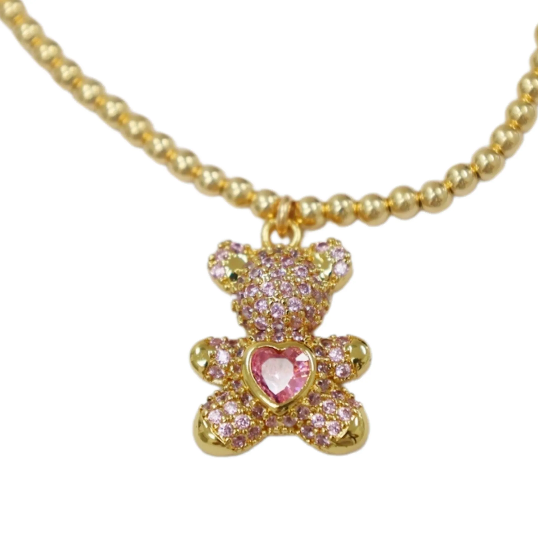 "THE BEAR" CZ Charm Gold Filled Ball Bead Bracelet