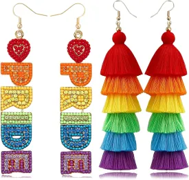 Rainbow Earrings for Women 2 Pairs Pride Earrings Colorful Layered Tassel Beaded LGBT Dangle Pride Outfits Accessories Bisexual Lesbian Gay Earring bi pride Month Jewelry Gifts
