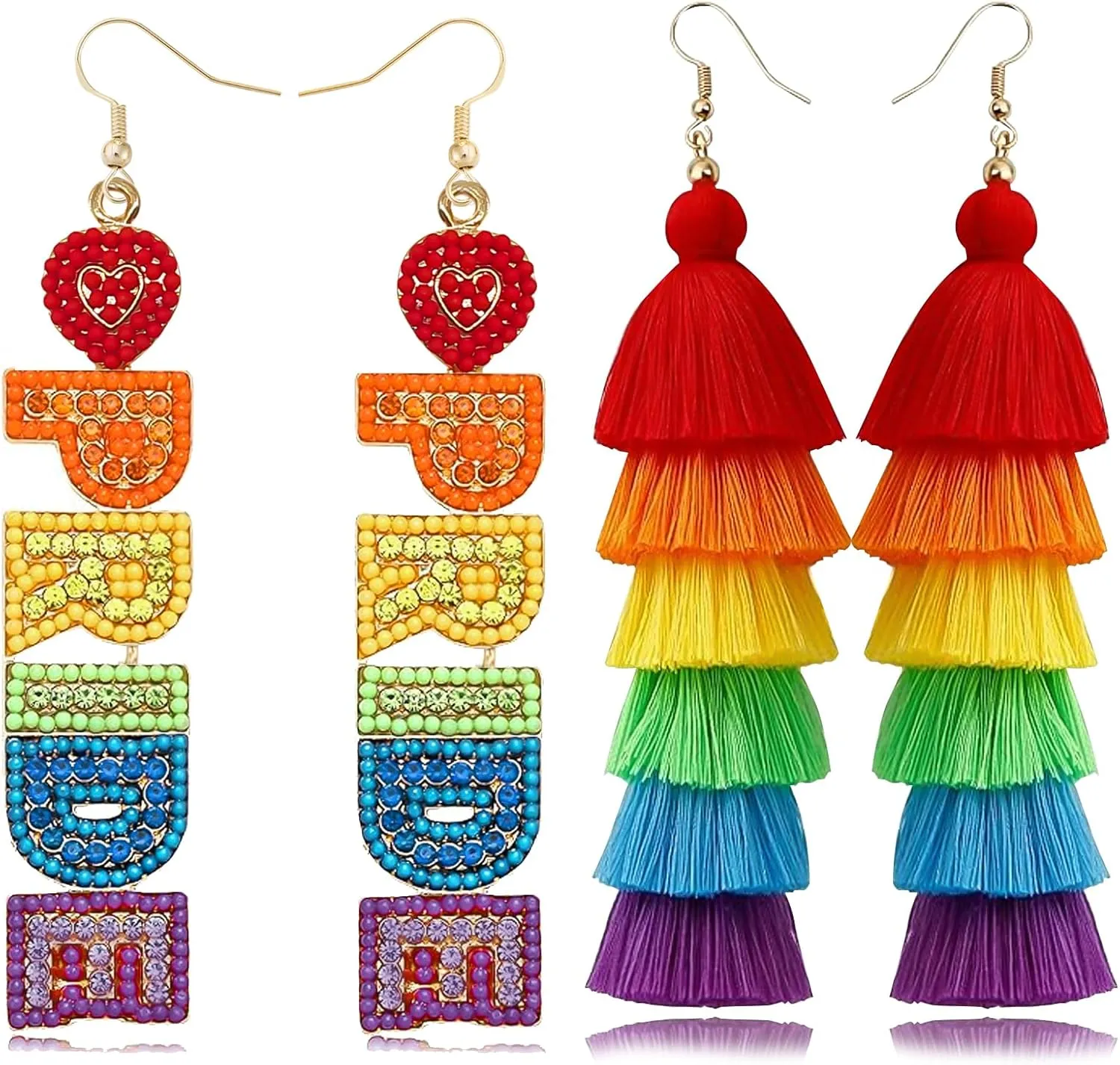 Rainbow Earrings for Women 2 Pairs Pride Earrings Colorful Layered Tassel Beaded LGBT Dangle Pride Outfits Accessories Bisexual Lesbian Gay Earring bi pride Month Jewelry Gifts