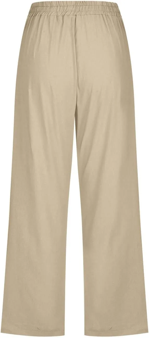 RKSTN Summer Capri Pants for Women Casual Cotton Linen Pants Straight Leg Vacation Beach Crop Pant with Pockets