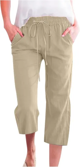 RKSTN Summer Capri Pants for Women Casual Cotton Linen Pants Straight Leg Vacation Beach Crop Pant with Pockets