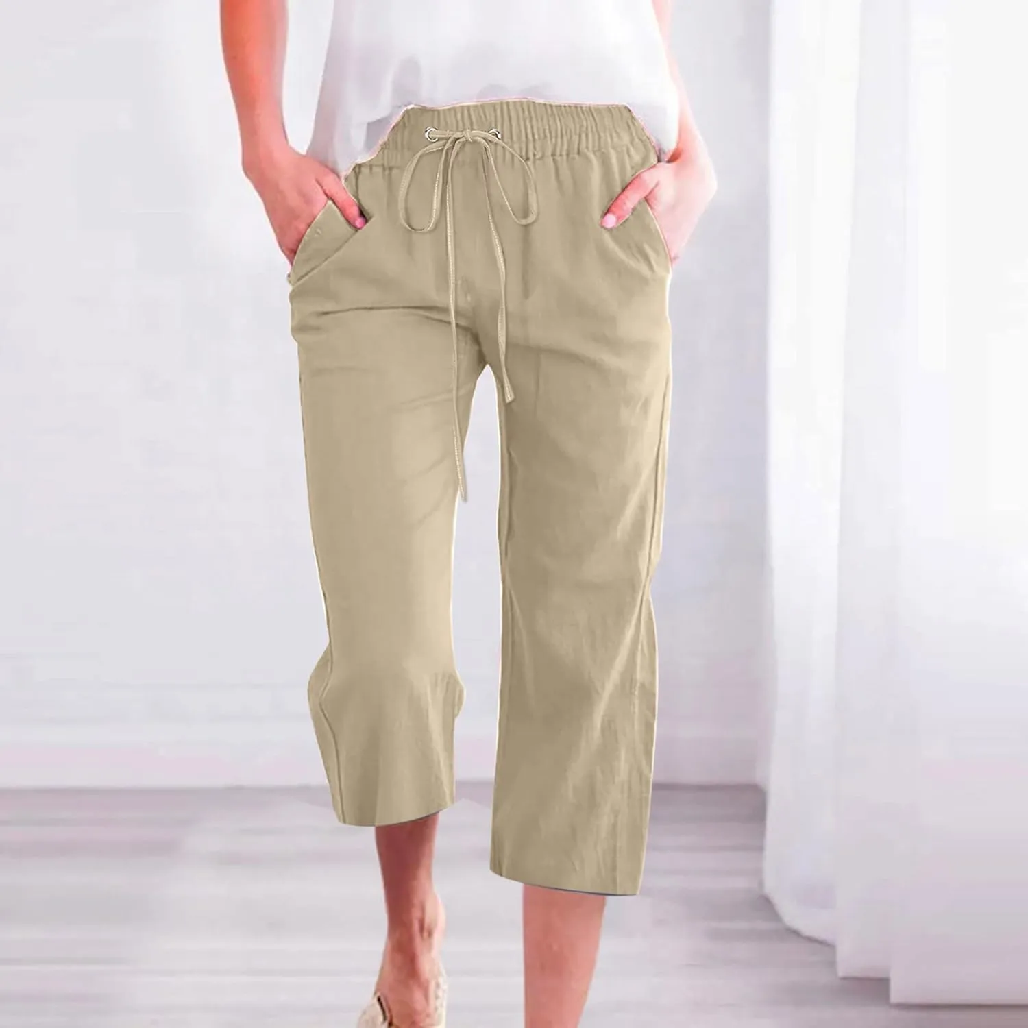 RKSTN Summer Capri Pants for Women Casual Cotton Linen Pants Straight Leg Vacation Beach Crop Pant with Pockets