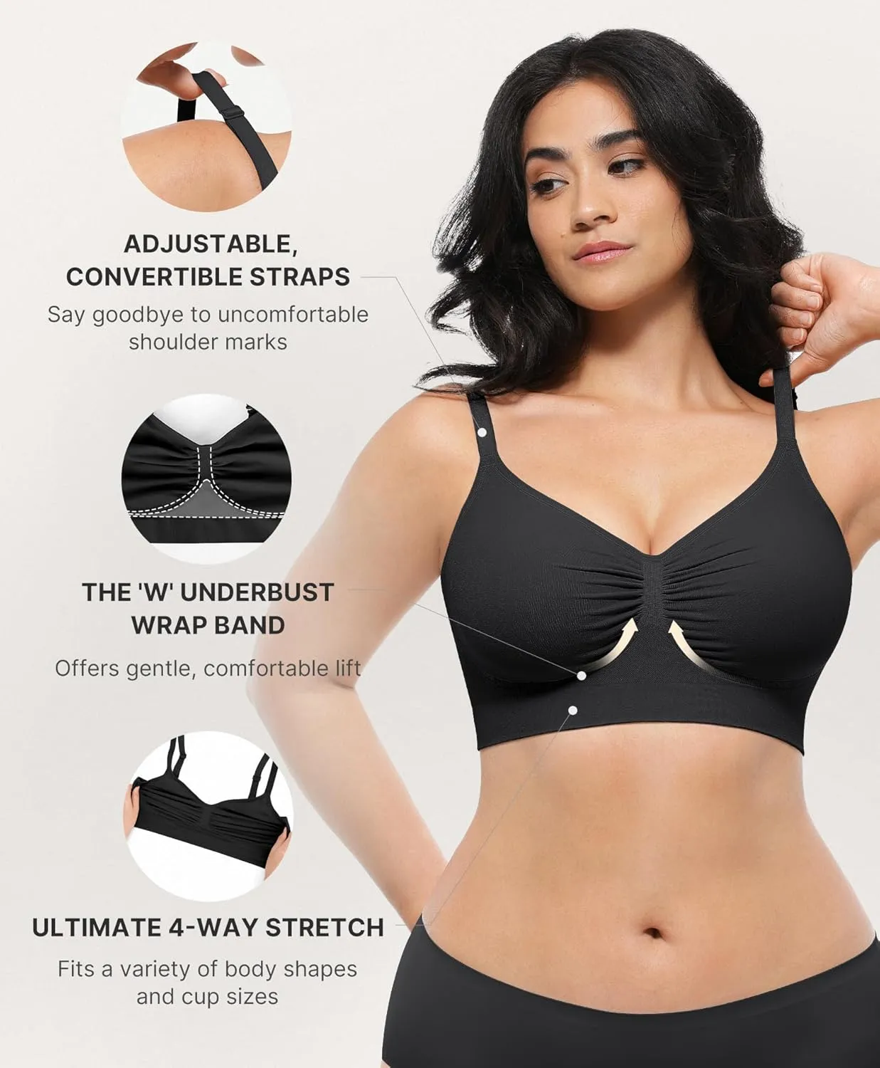 SHAPELLX Wireless Comfy Bra for Women Seamless Bra Non Padded Soft Bralette V Neck Everyday Bras with 4 Rows of Hooks