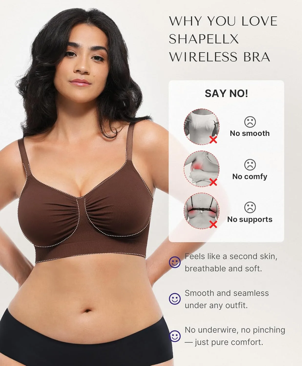 SHAPELLX Wireless Comfy Bra for Women Seamless Bra Non Padded Soft Bralette V Neck Everyday Bras with 4 Rows of Hooks