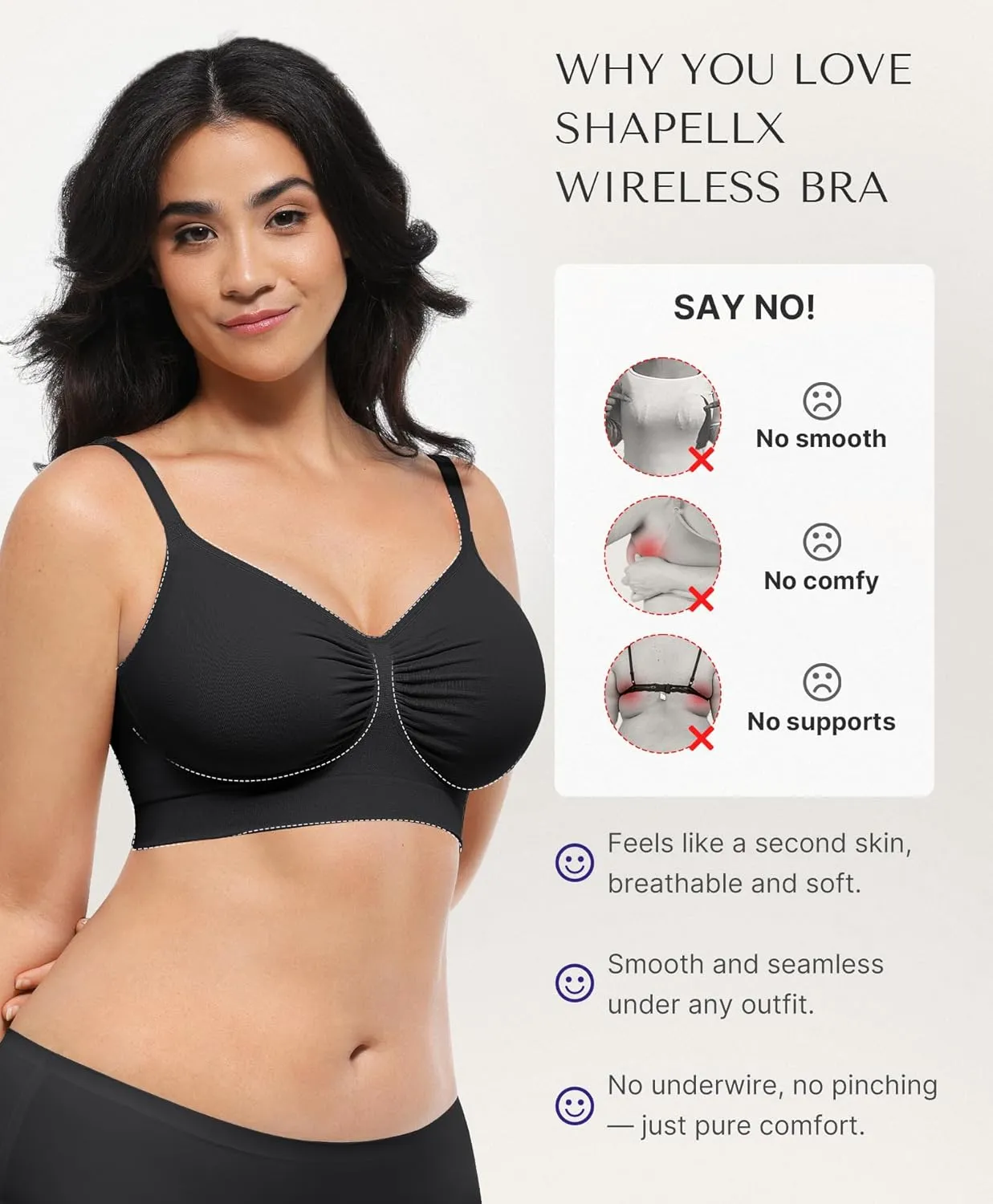 SHAPELLX Wireless Comfy Bra for Women Seamless Bra Non Padded Soft Bralette V Neck Everyday Bras with 4 Rows of Hooks