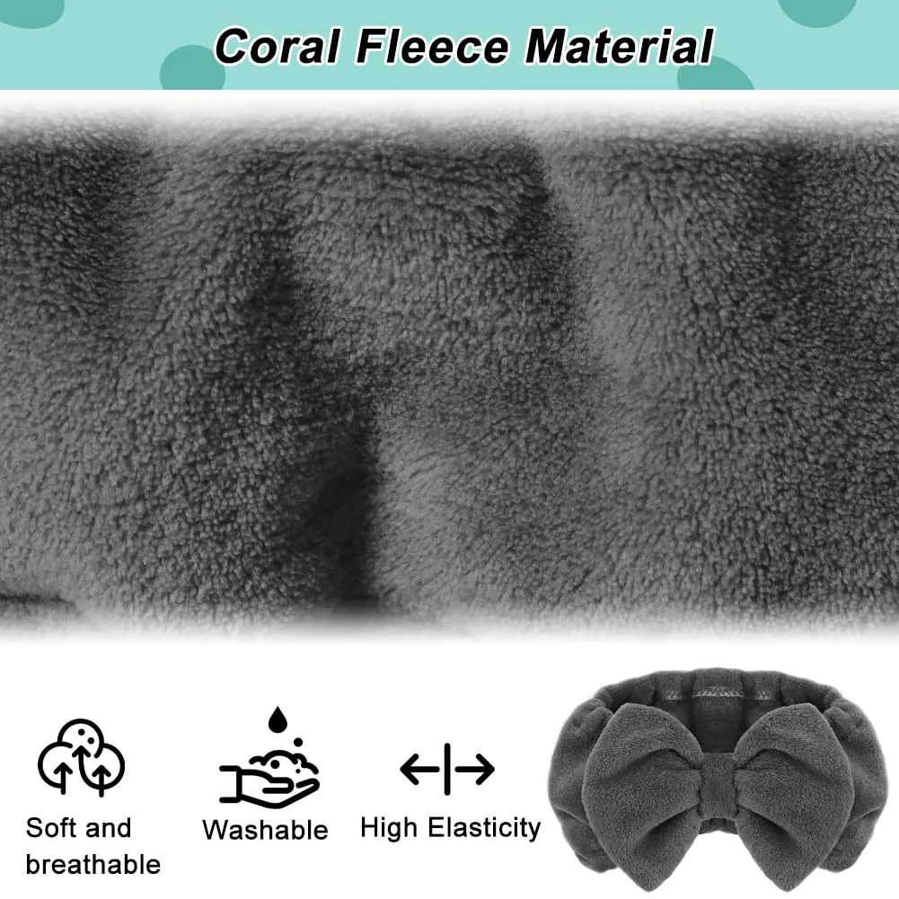 Shintop Makeup Headband Soft Carol Fleece Spa Headband with Cute Bow Elastic Headwear for Washing Face Skincare Facial Mask ShowersGrey