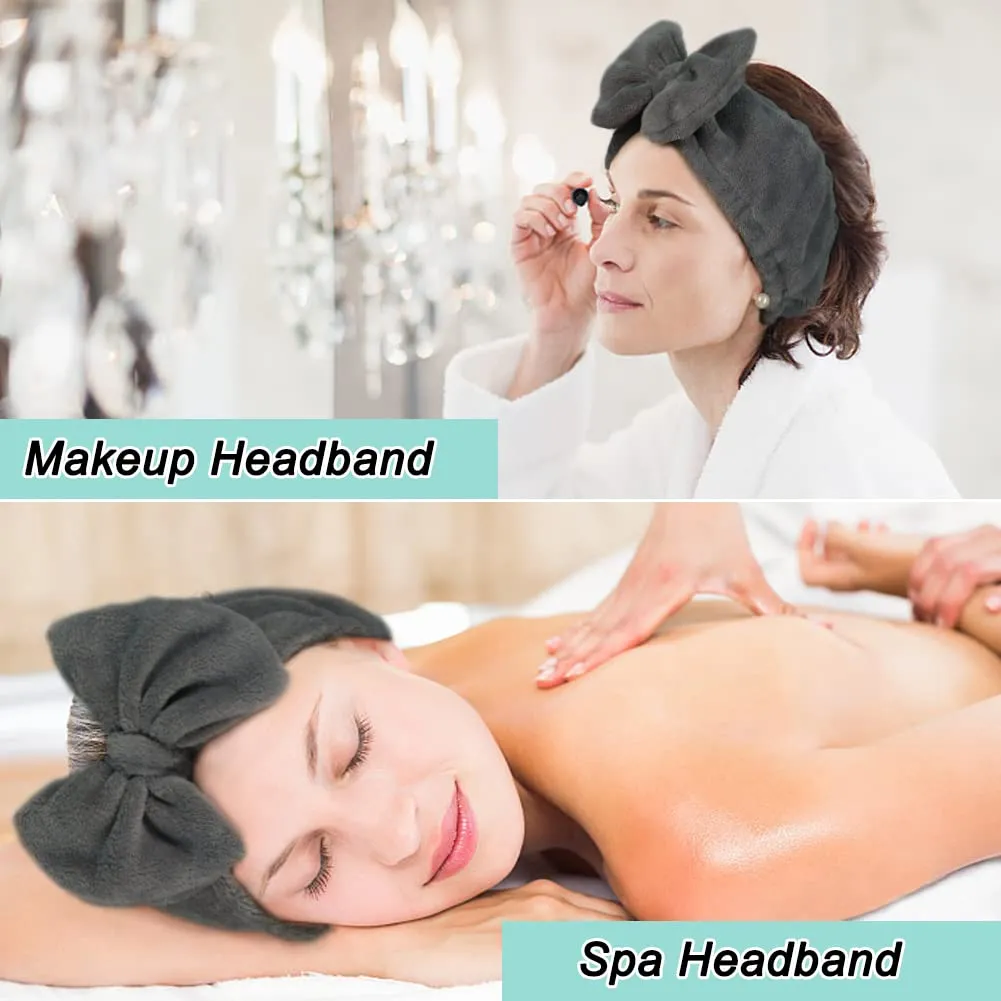 Shintop Makeup Headband Soft Carol Fleece Spa Headband with Cute Bow Elastic Headwear for Washing Face Skincare Facial Mask ShowersGrey
