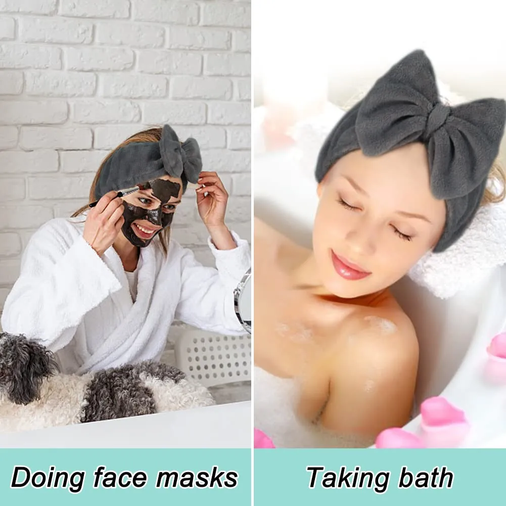 Shintop Makeup Headband Soft Carol Fleece Spa Headband with Cute Bow Elastic Headwear for Washing Face Skincare Facial Mask ShowersGrey