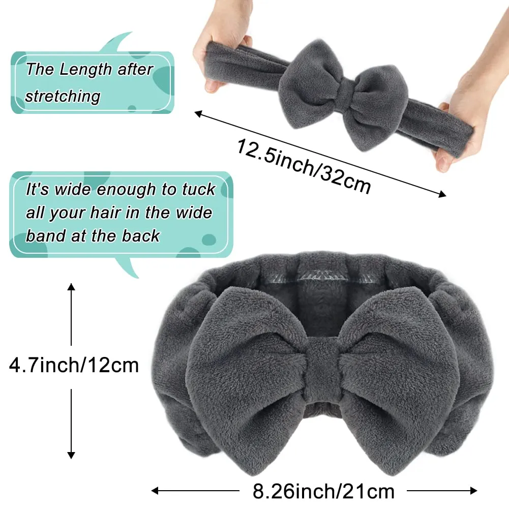 Shintop Makeup Headband Soft Carol Fleece Spa Headband with Cute Bow Elastic Headwear for Washing Face Skincare Facial Mask ShowersGrey