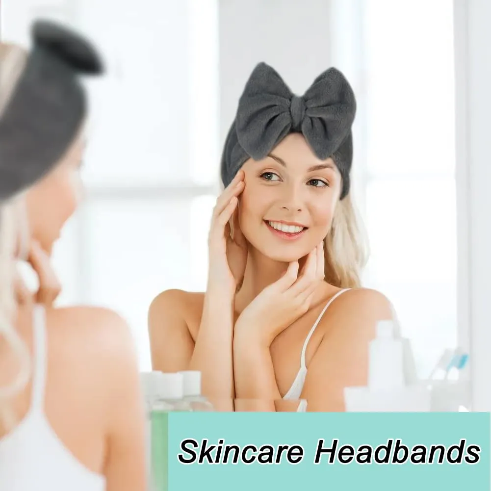 Shintop Makeup Headband Soft Carol Fleece Spa Headband with Cute Bow Elastic Headwear for Washing Face Skincare Facial Mask ShowersGrey