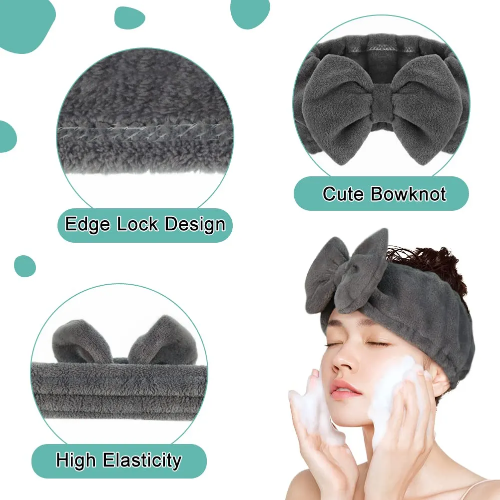 Shintop Makeup Headband Soft Carol Fleece Spa Headband with Cute Bow Elastic Headwear for Washing Face Skincare Facial Mask ShowersGrey